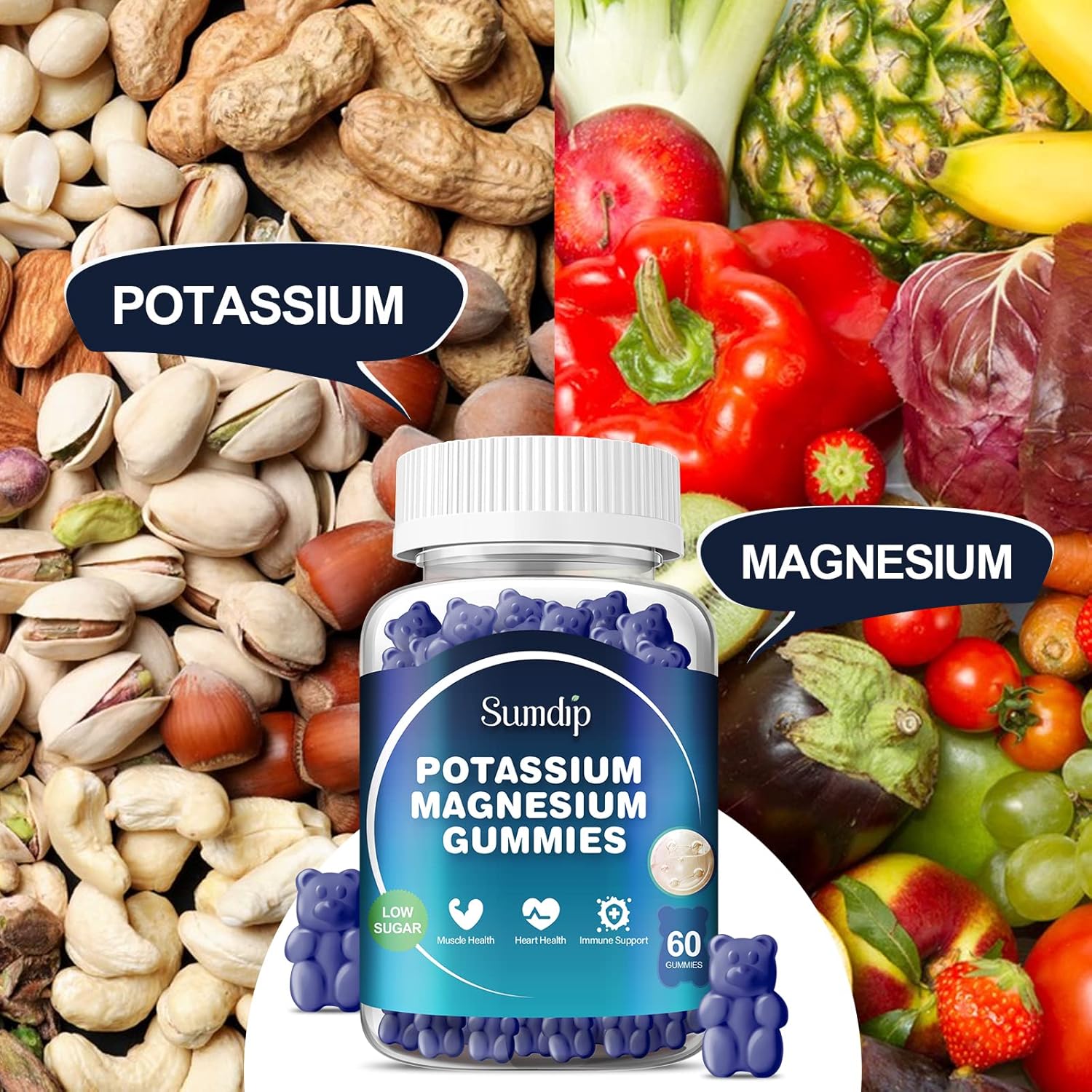 High Absorption Potassium Magnesium Gummies for Leg Cramp Support - 60 Gummies for Men and Women