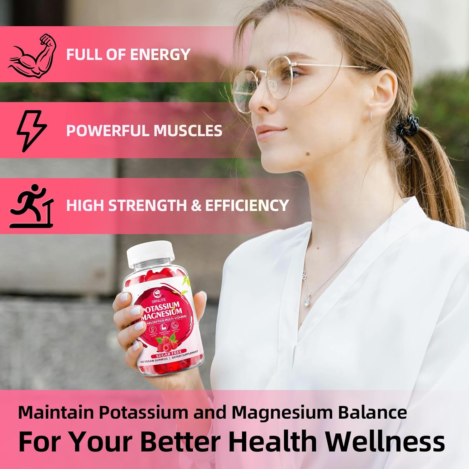 High Absorption Potassium Magnesium Gummy Supplement for Immune & Muscle Health - 60 Count, Raspberry Flavors, Sugar-Free - Adults & Kids