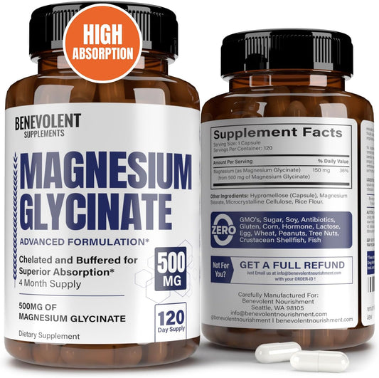 High Absorption Premium Magnesium Glycinate Capsules - 500mg Buffered Chelated Formula for Digestion, Bone, Sleep & Muscle Health - 120 Capsules - Made in USA