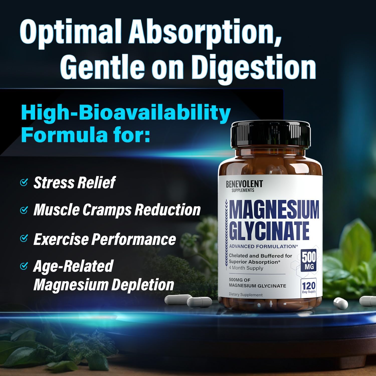 High Absorption Premium Magnesium Glycinate Capsules - 500mg Buffered Chelated Formula for Digestion, Bone, Sleep & Muscle Health - 120 Capsules - Made in USA