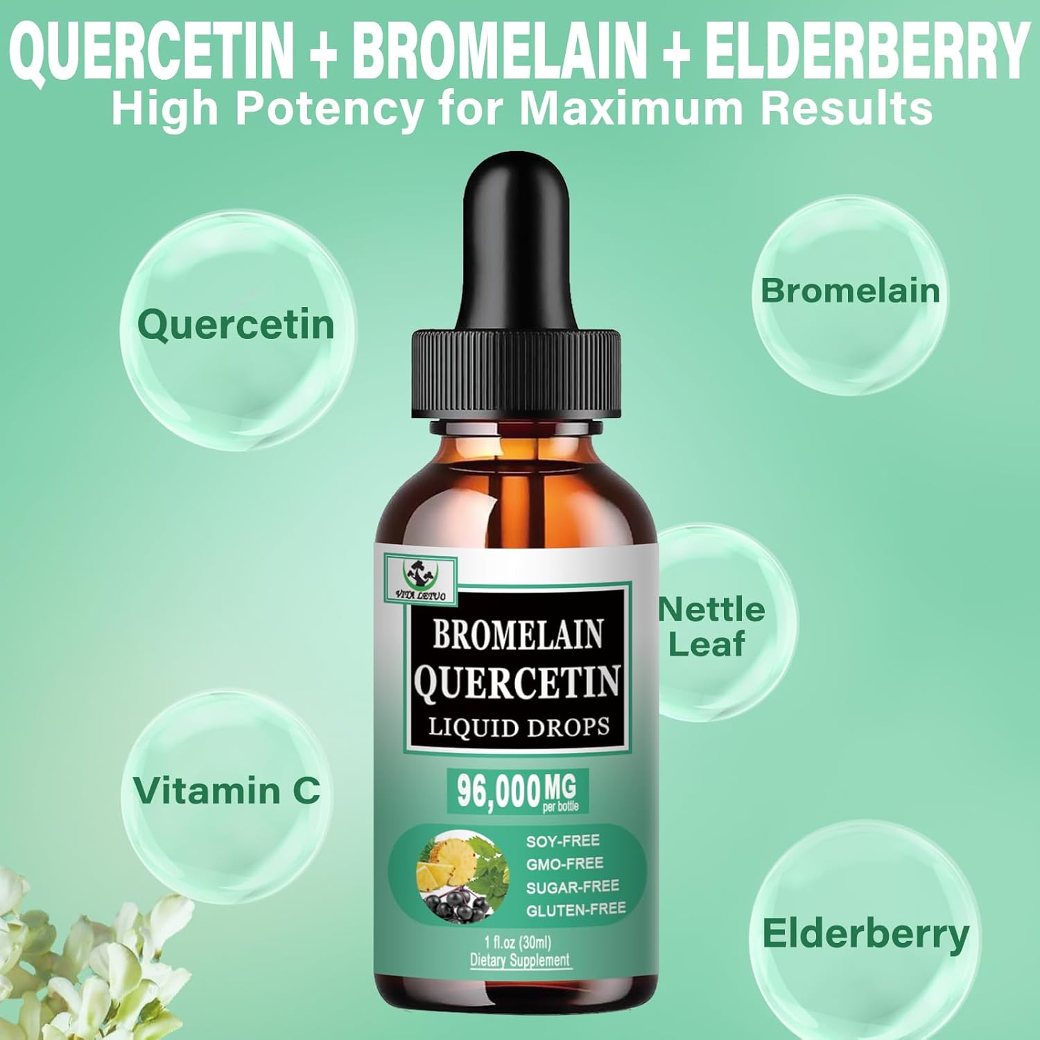 High Absorption Quercetin Drops with Bromelain, Elderberry, Nettle Leaf, and Vitamin C Liquid Supplements for Immune Support