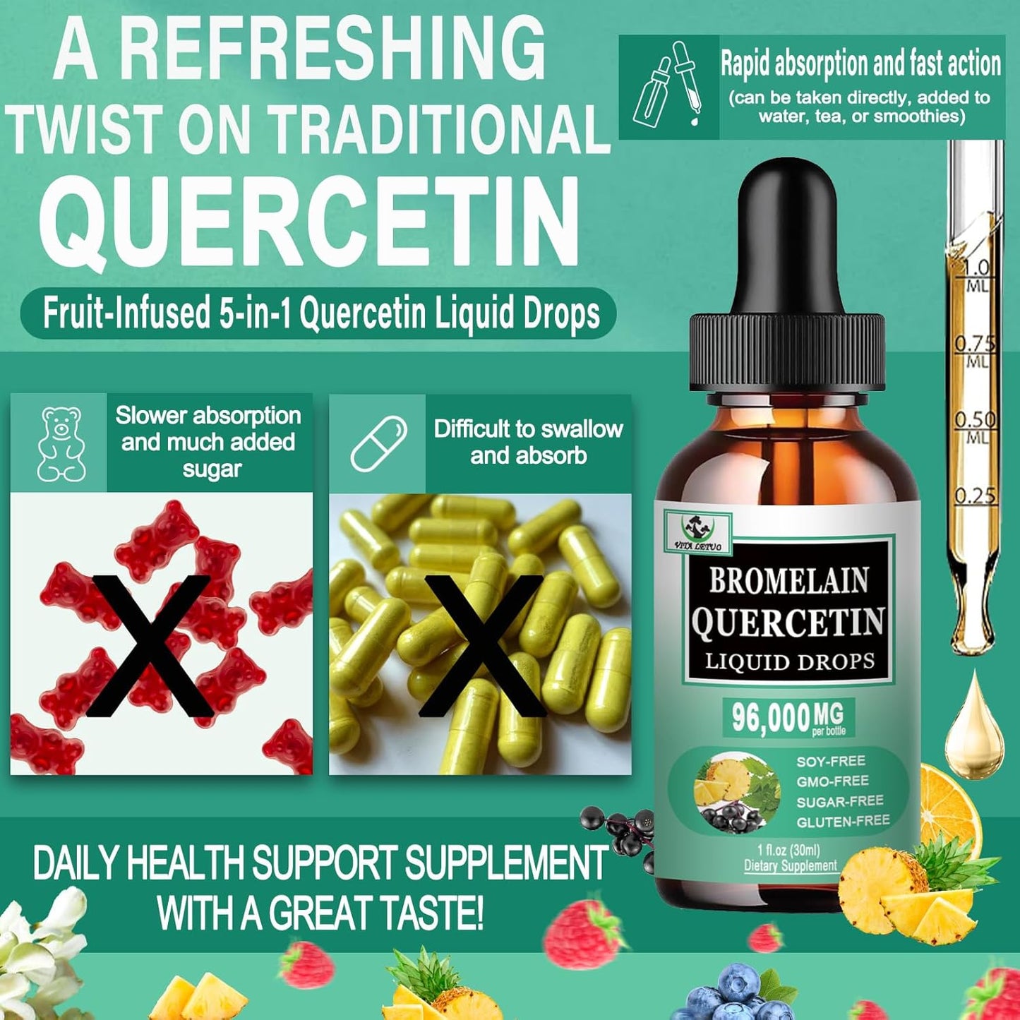 High Absorption Quercetin Drops with Bromelain, Elderberry, Nettle Leaf, and Vitamin C Liquid Supplements for Immune Support