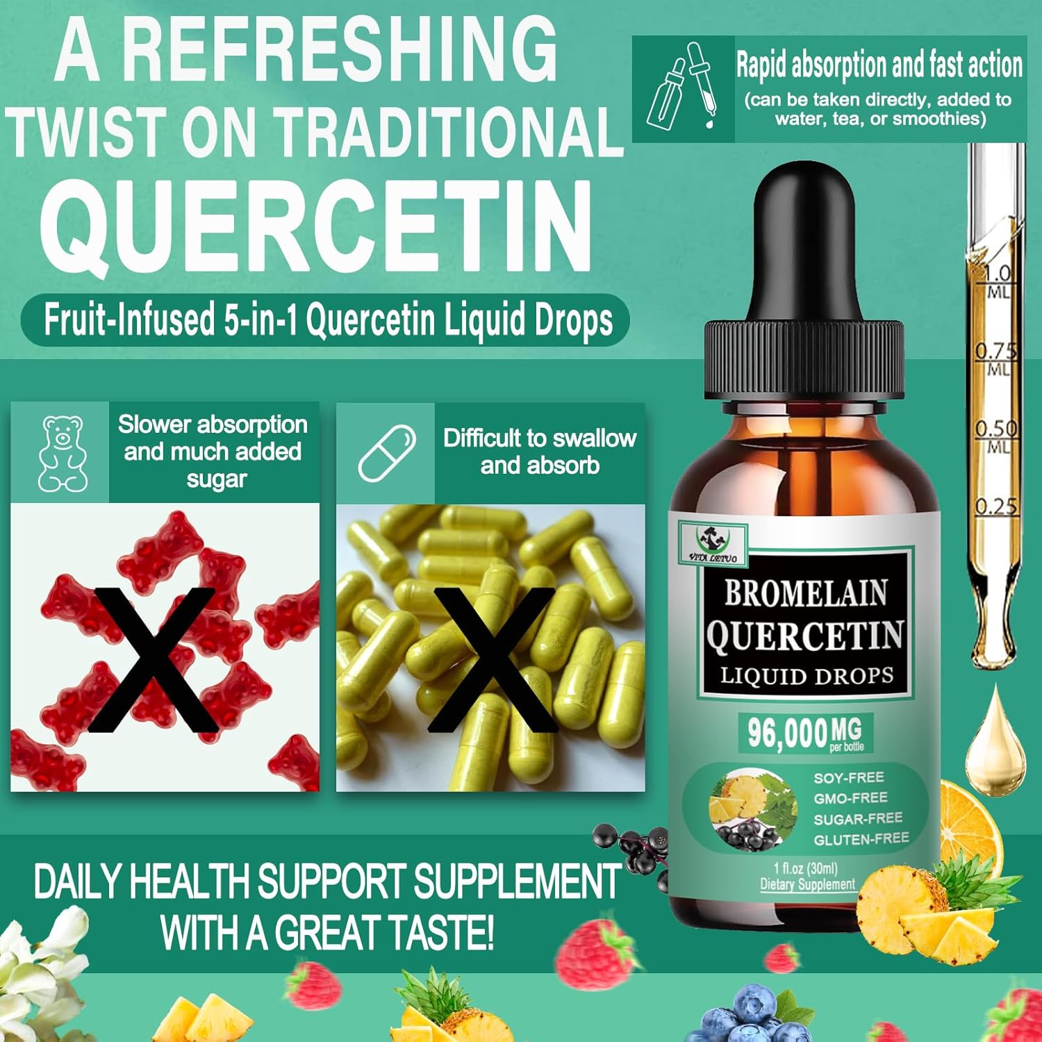 High Absorption Quercetin Drops with Bromelain, Elderberry, Nettle Leaf, and Vitamin C Liquid Supplements for Immune Support
