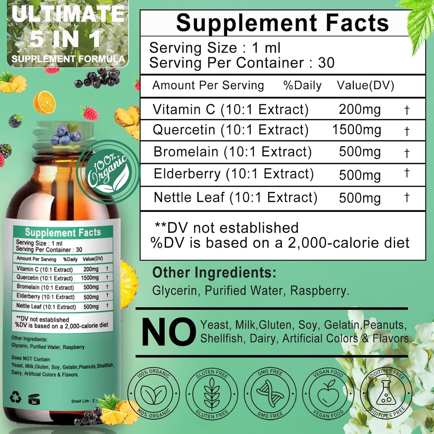 High Absorption Quercetin Drops with Bromelain, Elderberry, Nettle Leaf, and Vitamin C Liquid Supplements for Immune Support