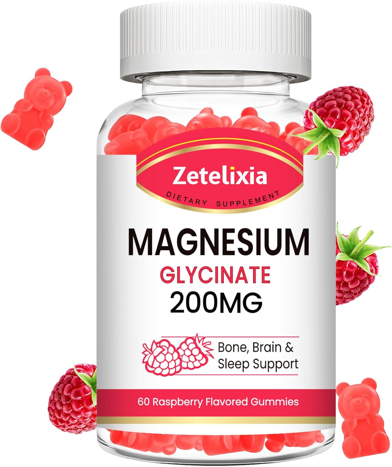 High Absorption Raspberry Flavored Magnesium Glycinate Gummies - 60 Count for Adults and Kids by Zetelixia