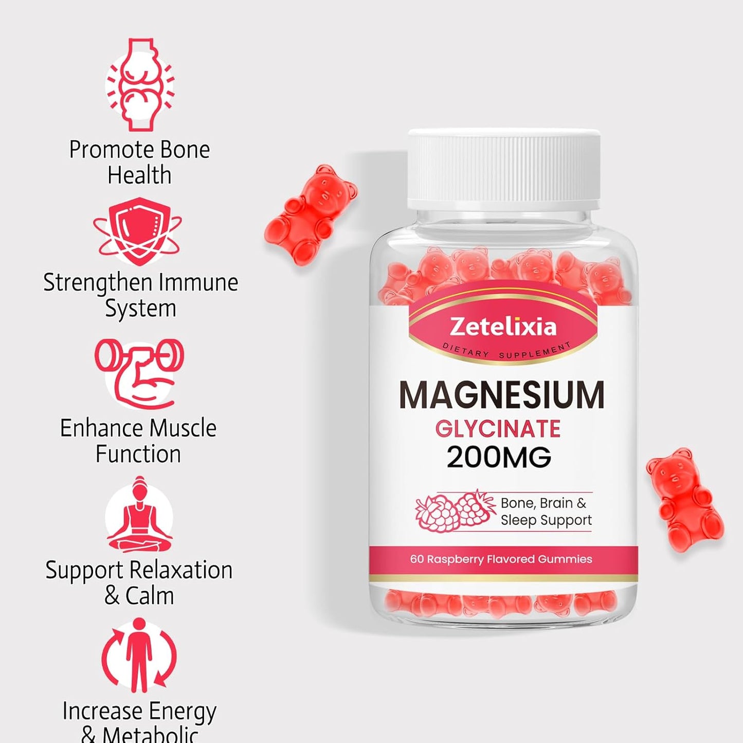 High Absorption Raspberry Flavored Magnesium Glycinate Gummies - 60 Count for Adults and Kids by Zetelixia