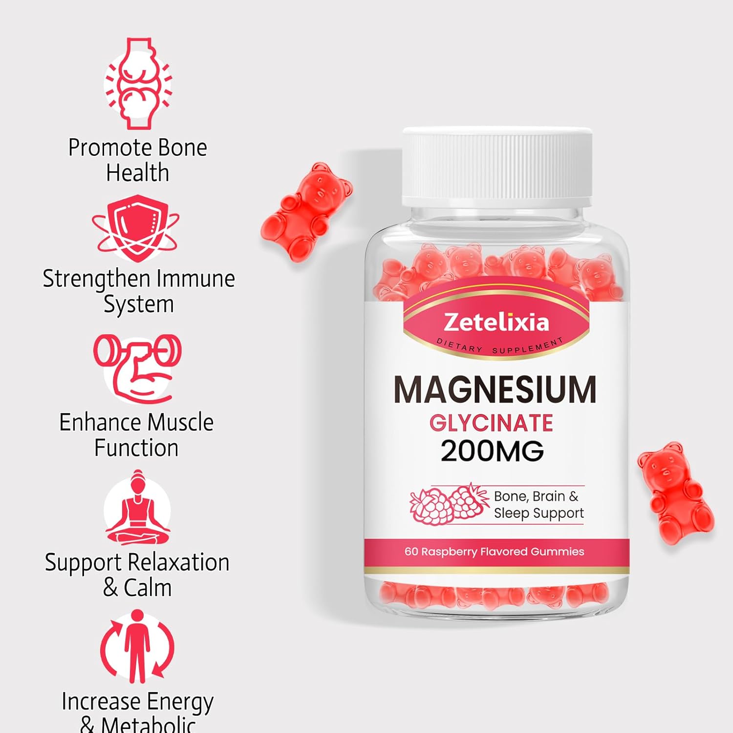 High Absorption Raspberry Flavored Magnesium Glycinate Gummies - 60 Count for Adults and Kids by Zetelixia