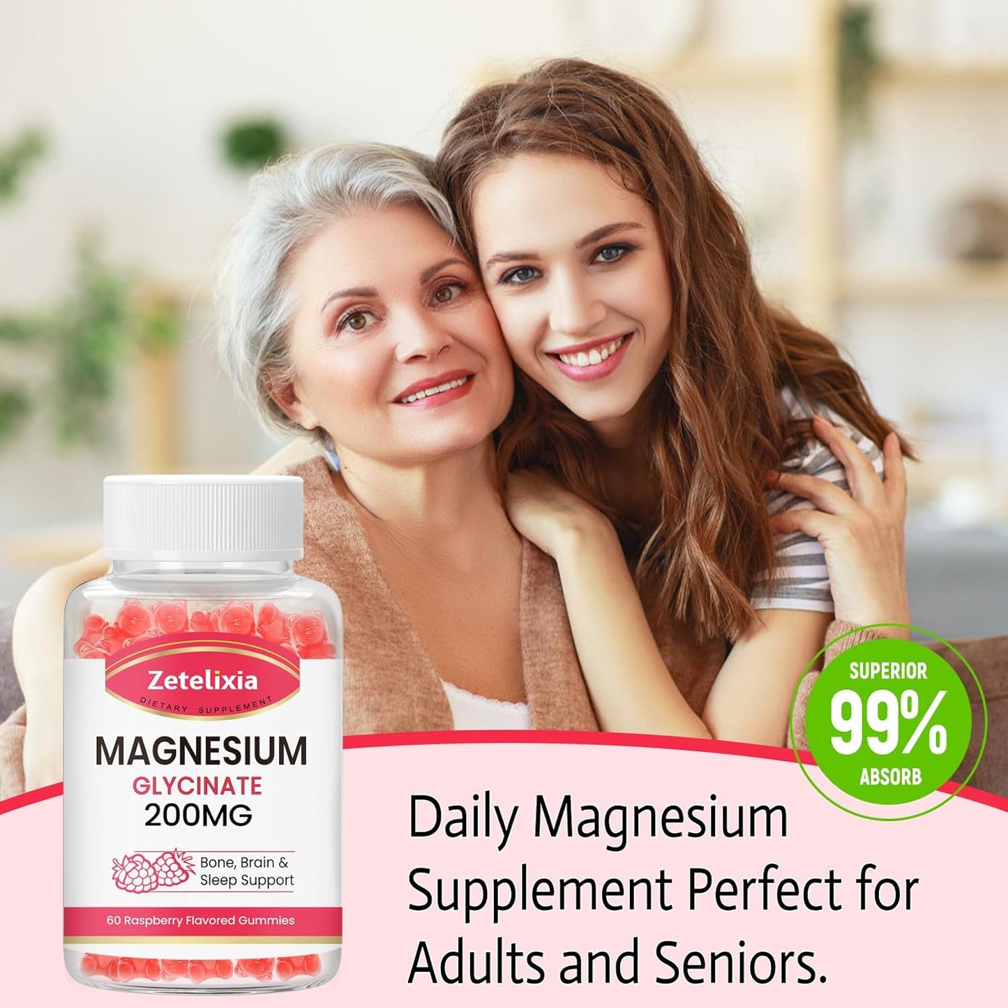 High Absorption Raspberry Flavored Magnesium Glycinate Gummies - 60 Count for Adults and Kids by Zetelixia