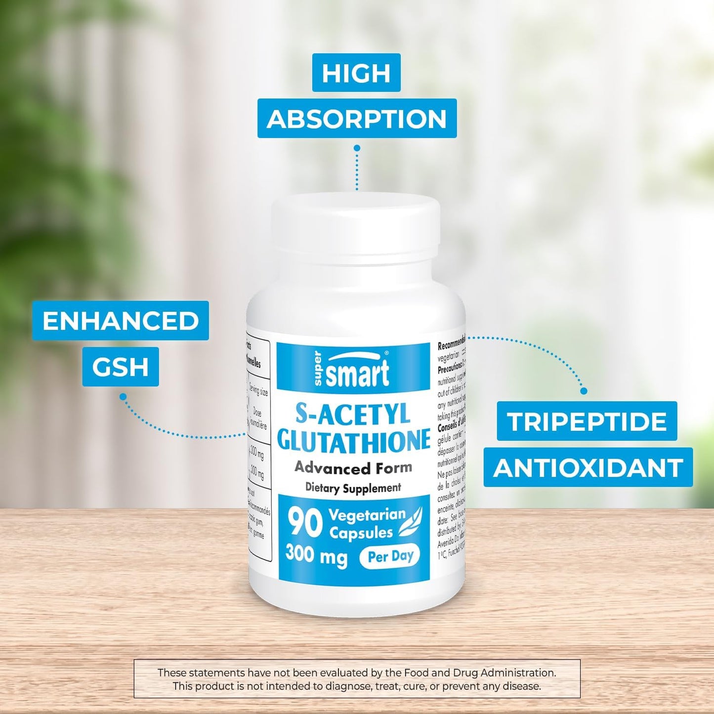 High Absorption S-Acetyl Glutathione Supplement - 300mg Daily Dose - Stable L-Glutathione Tripeptide - Non-GMO, Gluten Free - 90 Capsules