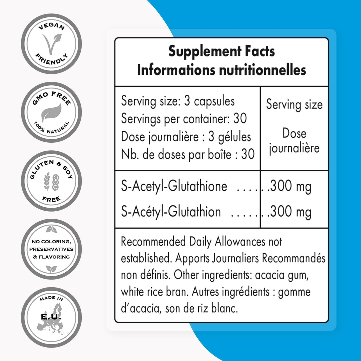 High Absorption S-Acetyl Glutathione Supplement - 300mg Daily Dose - Stable L-Glutathione Tripeptide - Non-GMO, Gluten Free - 90 Capsules
