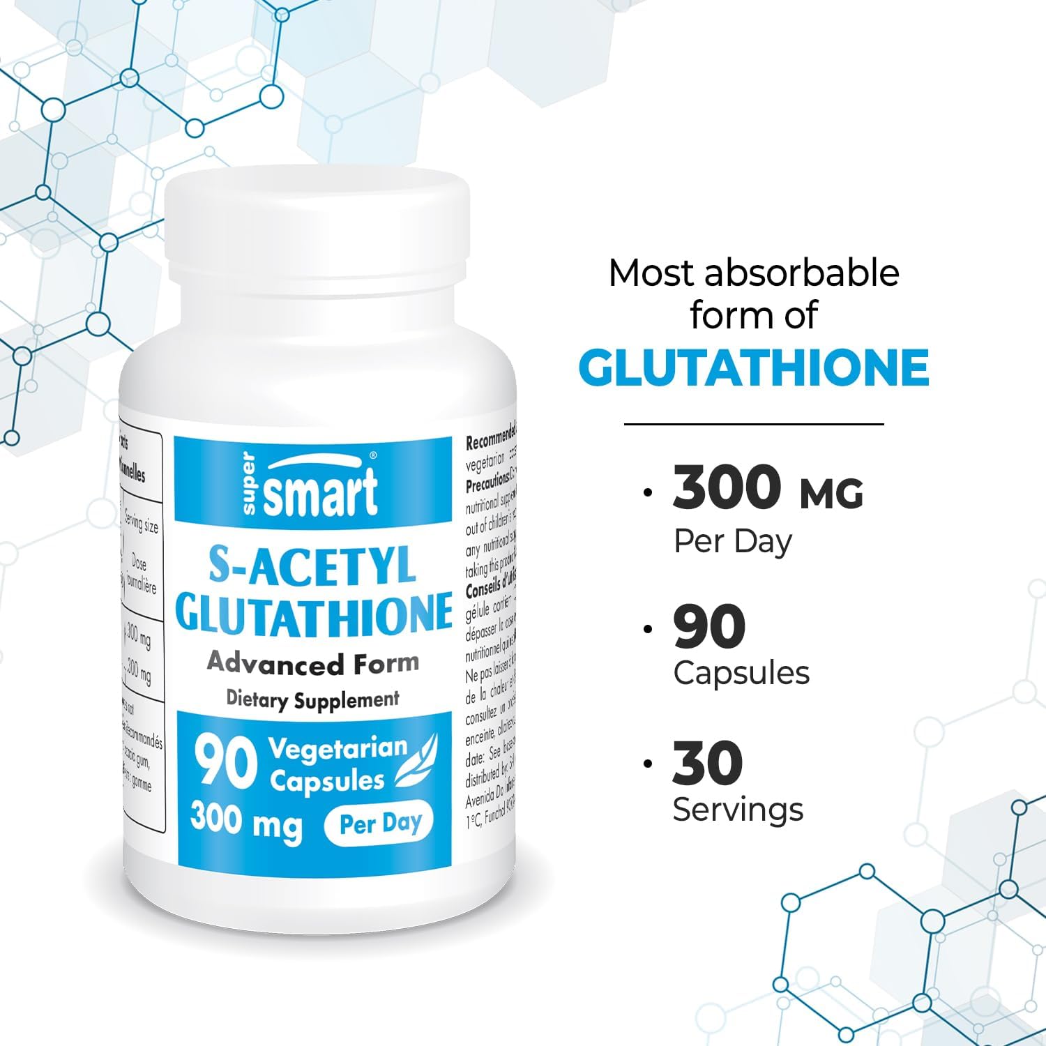High Absorption S-Acetyl Glutathione Supplement - 300mg Daily Dose - Stable L-Glutathione Tripeptide - Non-GMO, Gluten Free - 90 Capsules