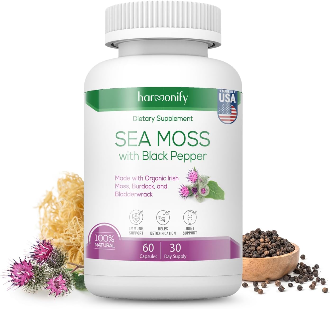 High Absorption Sea Moss Supplement 1500mg with Irish Moss, Burdock, and Bladderwrack Root - Raw Non-GMO Cell Food for Immune Support
