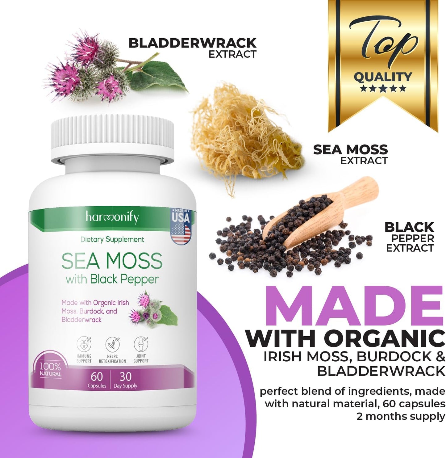 High Absorption Sea Moss Supplement 1500mg with Irish Moss, Burdock, and Bladderwrack Root - Raw Non-GMO Cell Food for Immune Support
