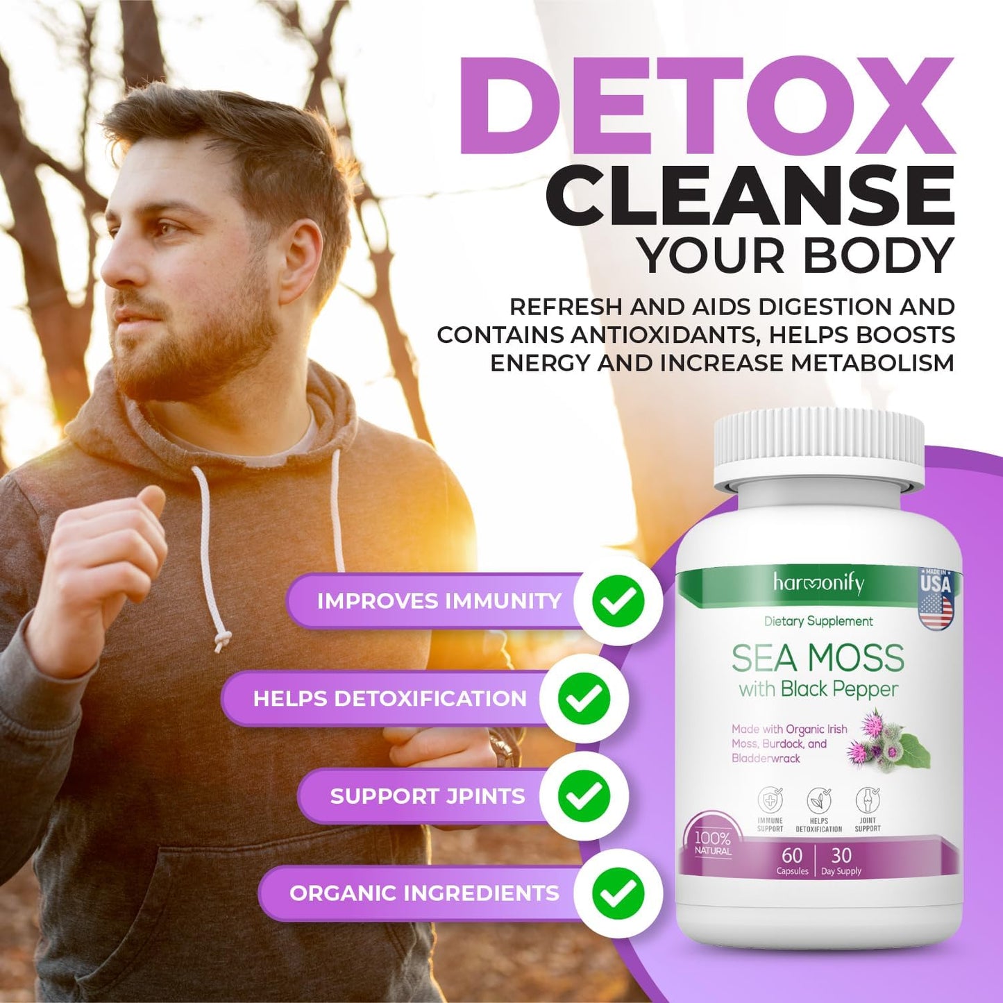 High Absorption Sea Moss Supplement 1500mg with Irish Moss, Burdock, and Bladderwrack Root - Raw Non-GMO Cell Food for Immune Support