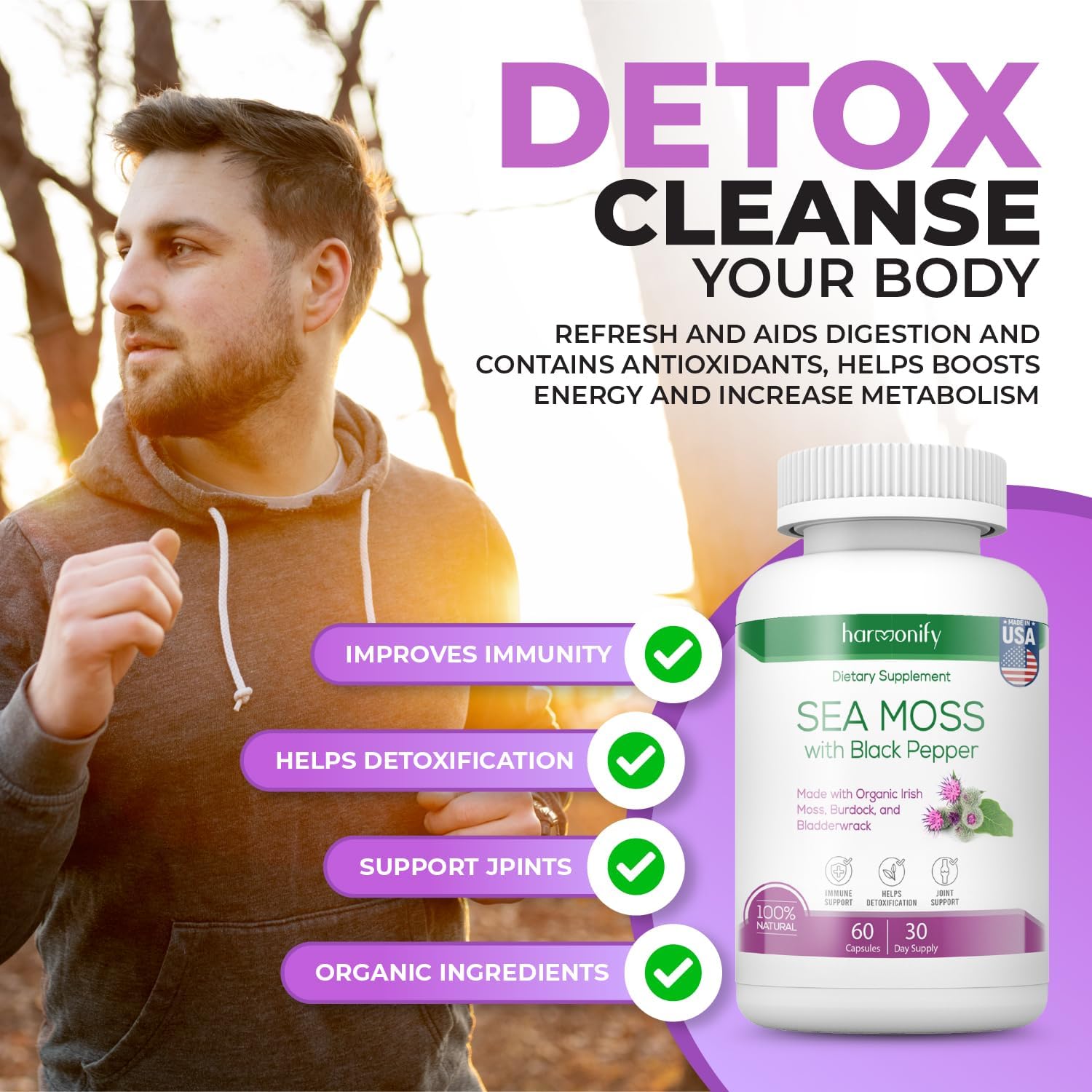 High Absorption Sea Moss Supplement 1500mg with Irish Moss, Burdock, and Bladderwrack Root - Raw Non-GMO Cell Food for Immune Support