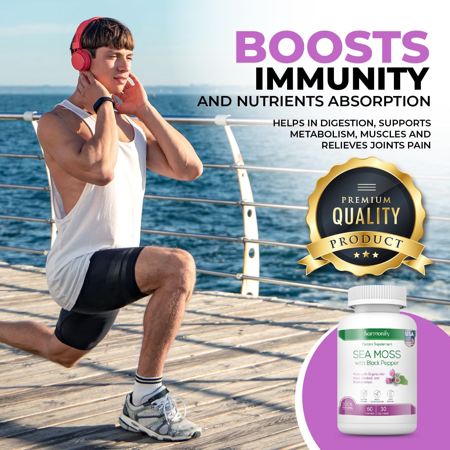 High Absorption Sea Moss Supplement 1500mg with Irish Moss, Burdock, and Bladderwrack Root - Raw Non-GMO Cell Food for Immune Support