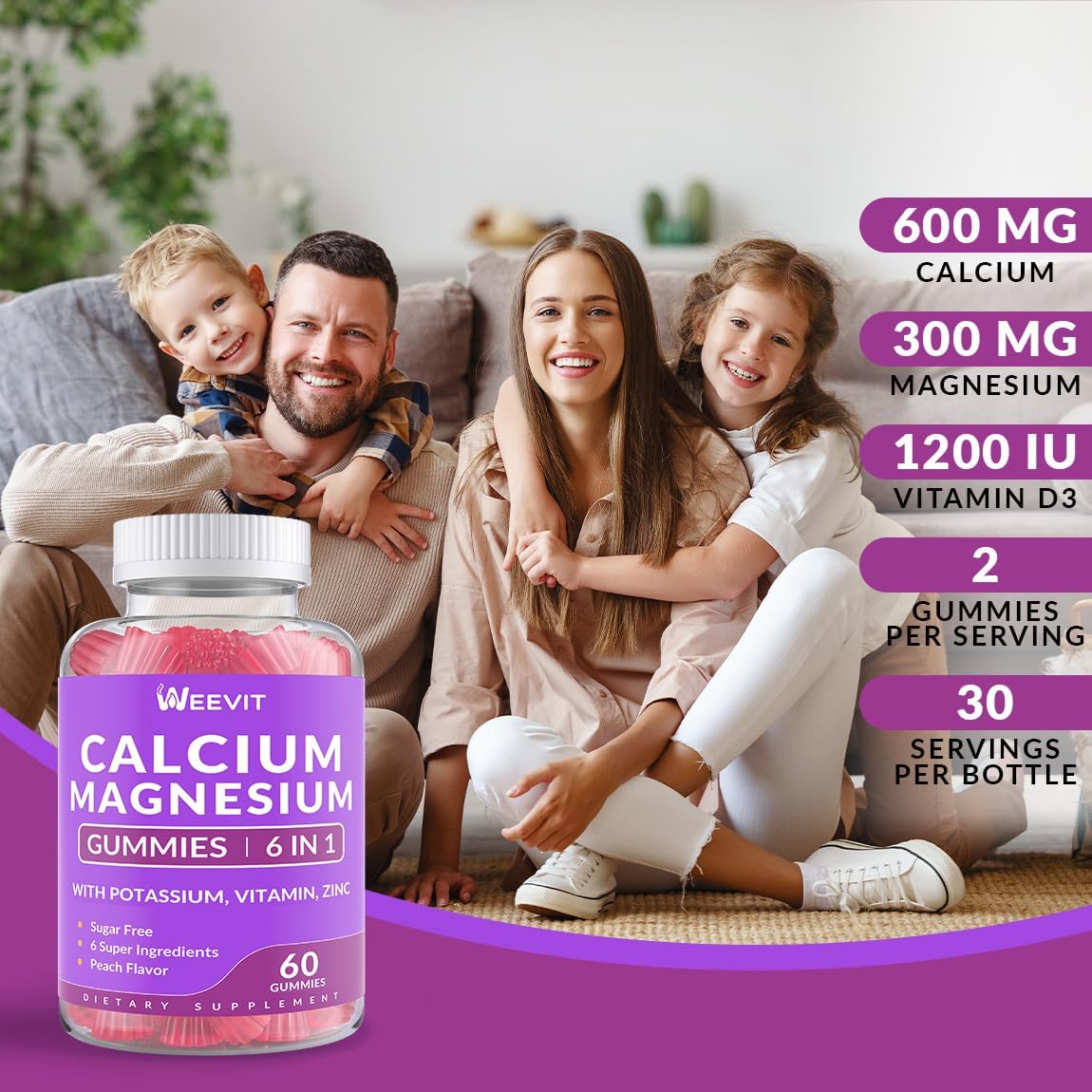 High Absorption Sugar Free Calcium Gummies with Vitamin D3 for Bone, Teeth, and Muscle - 600mg Calcium Magnesium Zinc Gummies with Potassium