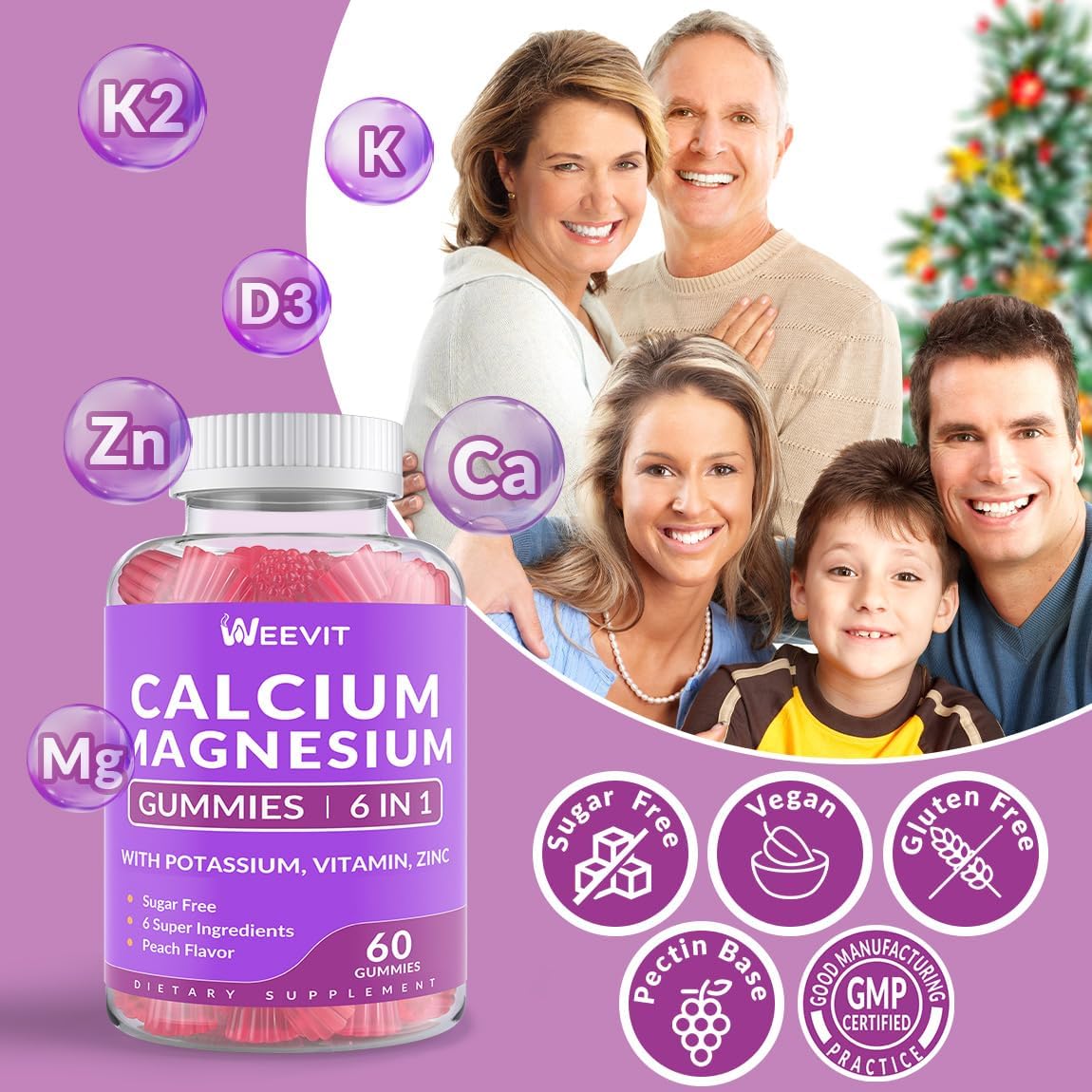 High Absorption Sugar Free Calcium Gummies with Vitamin D3 for Bone, Teeth, and Muscle - 600mg Calcium Magnesium Zinc Gummies with Potassium
