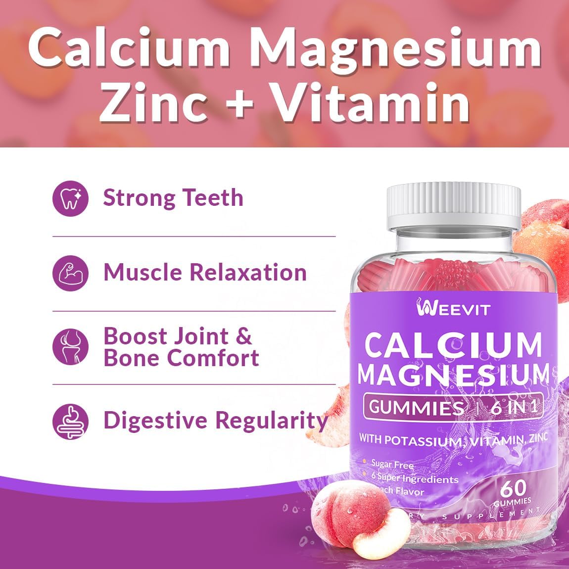 High Absorption Sugar Free Calcium Gummies with Vitamin D3 for Bone, Teeth, and Muscle - 600mg Calcium Magnesium Zinc Gummies with Potassium