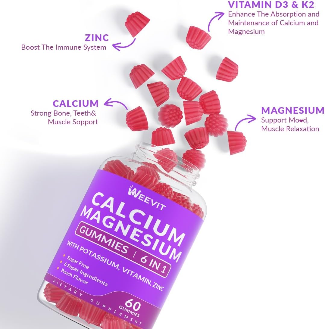 High Absorption Sugar Free Calcium Gummies with Vitamin D3 for Bone, Teeth, and Muscle - 600mg Calcium Magnesium Zinc Gummies with Potassium