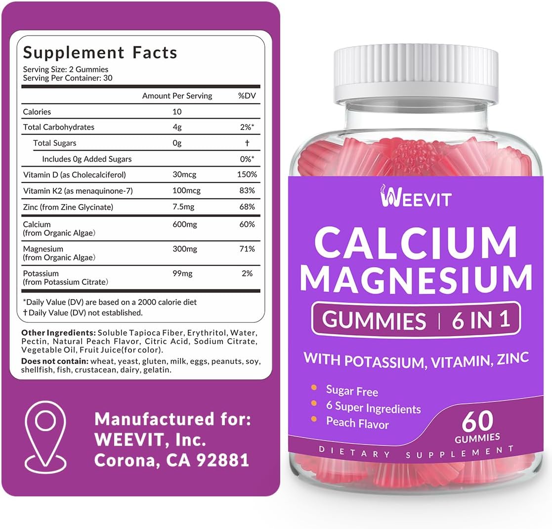 High Absorption Sugar Free Calcium Gummies with Vitamin D3 for Bone, Teeth, and Muscle - 600mg Calcium Magnesium Zinc Gummies with Potassium