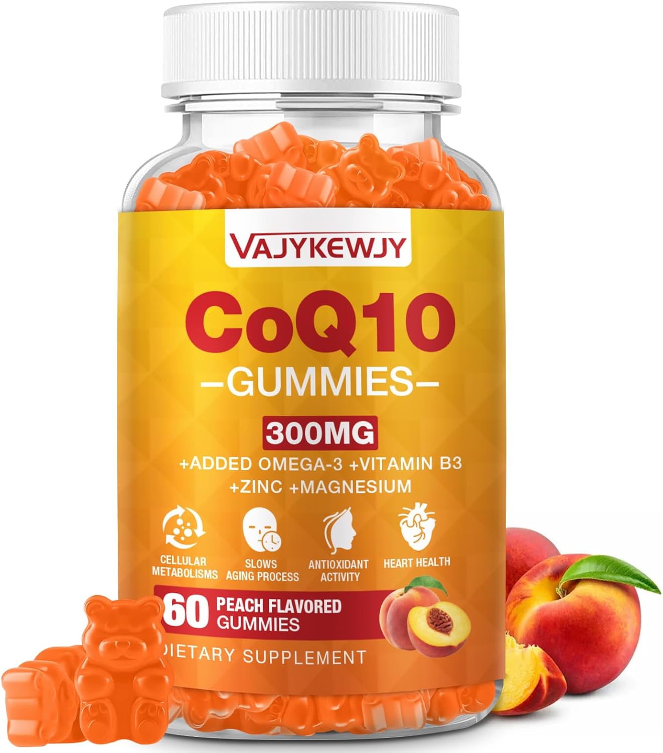 High Absorption Sugar-Free CoQ10 Gummies 3000 mg with Omega-3, Vitamin B3 & Zinc - Vegan Antioxidant Support Supplement for Cellular Energy - 60 Count