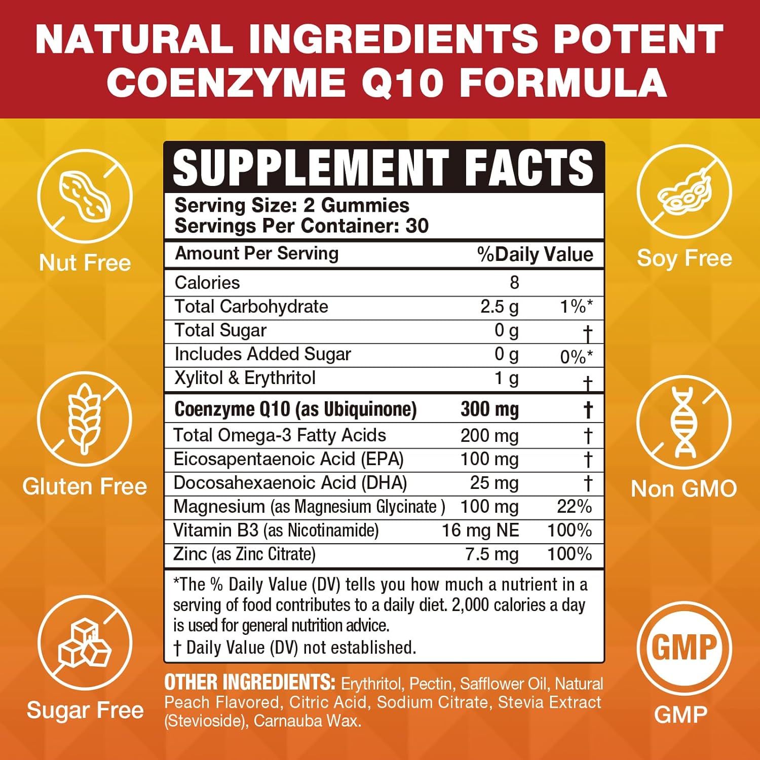 High Absorption Sugar-Free CoQ10 Gummies 3000 mg with Omega-3, Vitamin B3 & Zinc - Vegan Antioxidant Support Supplement for Cellular Energy - 60 Count