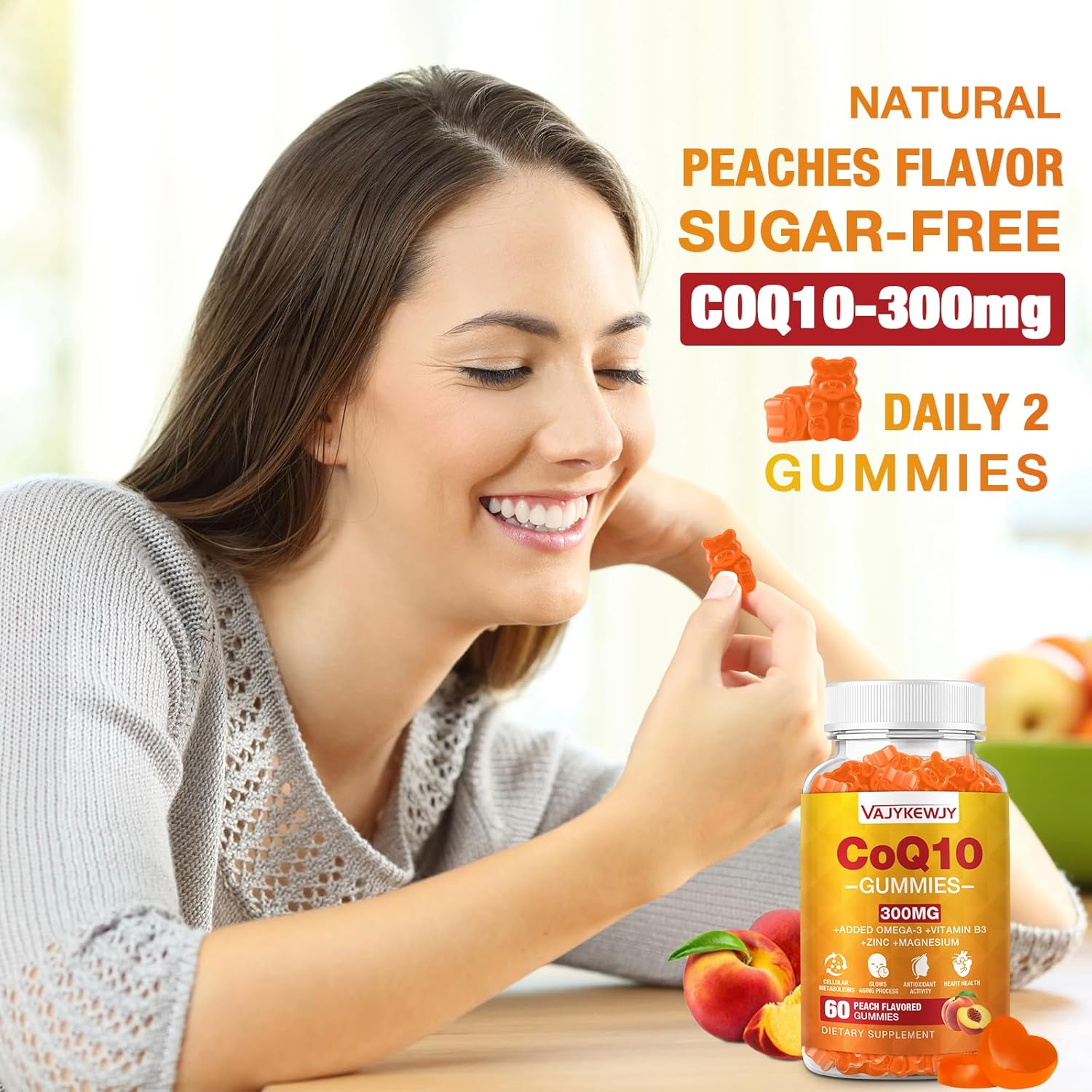 High Absorption Sugar-Free CoQ10 Gummies 3000 mg with Omega-3, Vitamin B3 & Zinc - Vegan Antioxidant Support Supplement for Cellular Energy - 60 Count