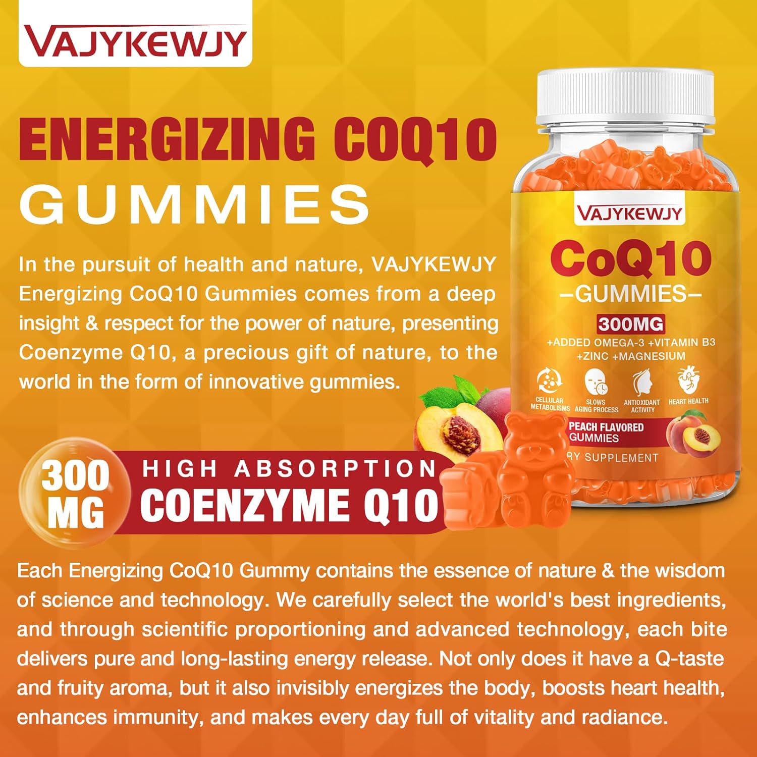 High Absorption Sugar-Free CoQ10 Gummies 3000 mg with Omega-3, Vitamin B3 & Zinc - Vegan Antioxidant Support Supplement for Cellular Energy - 60 Count