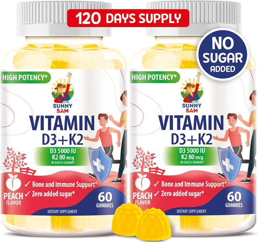 High-Absorption Sugar-Free Vitamin D3 K2 Gummies 5000 IU for Immune & Bone Support - Vegan, Halal, Gluten-Free Chewables