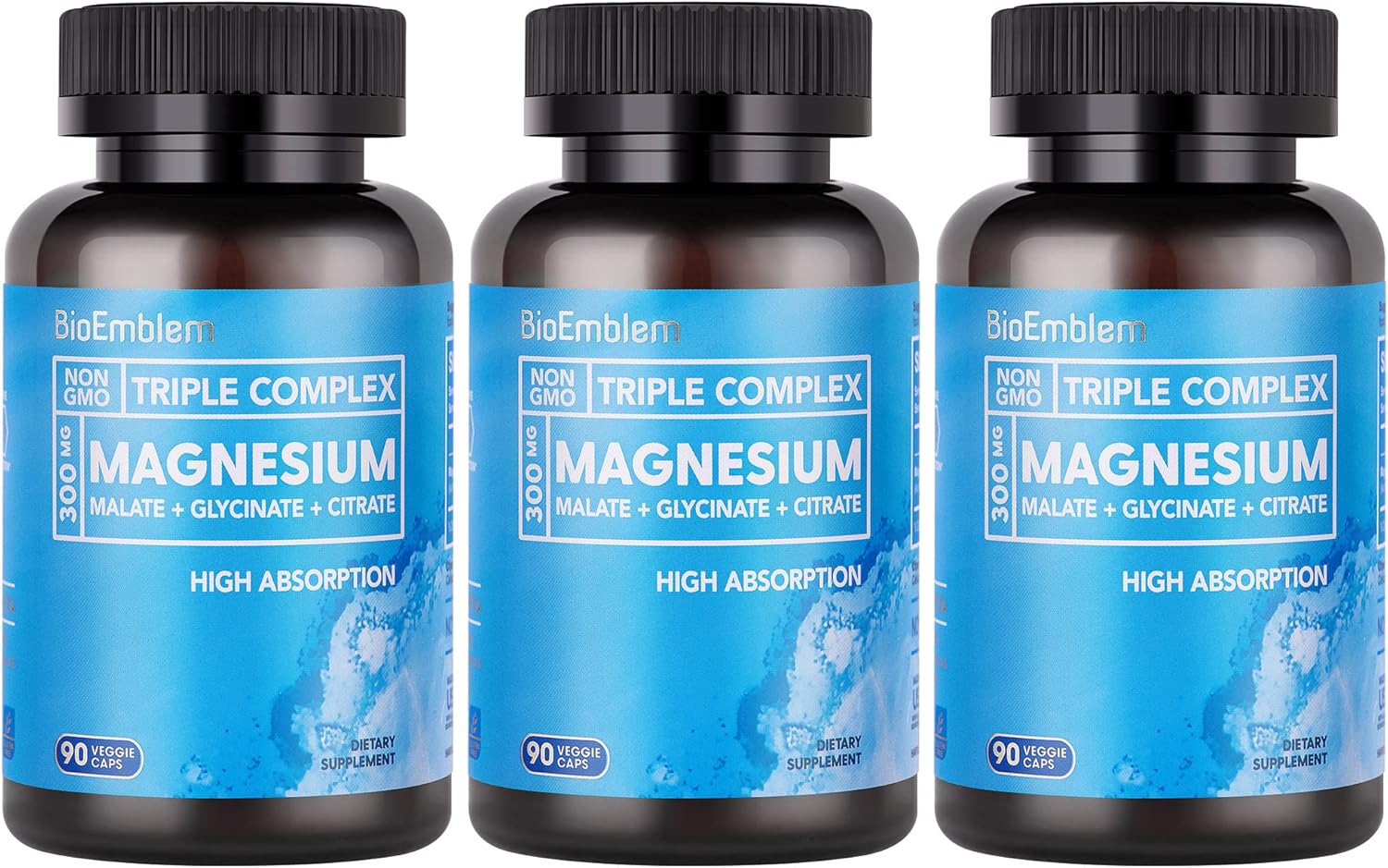 High Absorption Triple Magnesium Complex 300mg | Magnesium Glycinate, Malate Supplement for Nerves, Energy & Muscle Health | Vegan, Non-GMO 270 Capsules