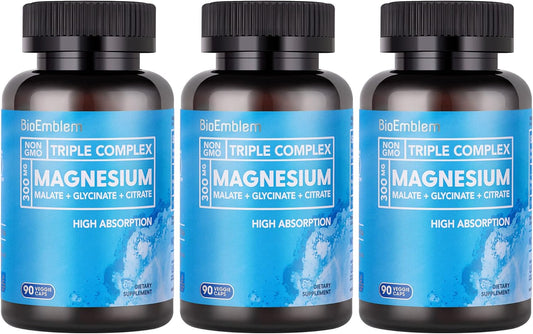 High Absorption Triple Magnesium Complex 300mg | Magnesium Glycinate, Malate Supplement for Nerves, Energy & Muscle Health | Vegan, Non-GMO 270 Capsules