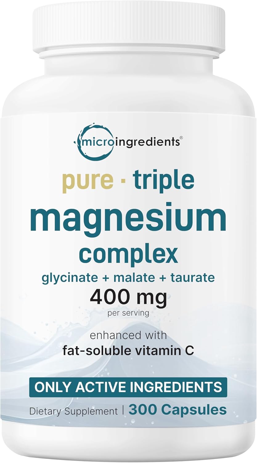 High Absorption Triple Magnesium Complex Capsules 400mg | 300 Count with Glycinate, Malate, Taurate & Vitamin C | Active Ingredients | Chelated & Filler Free Supplement