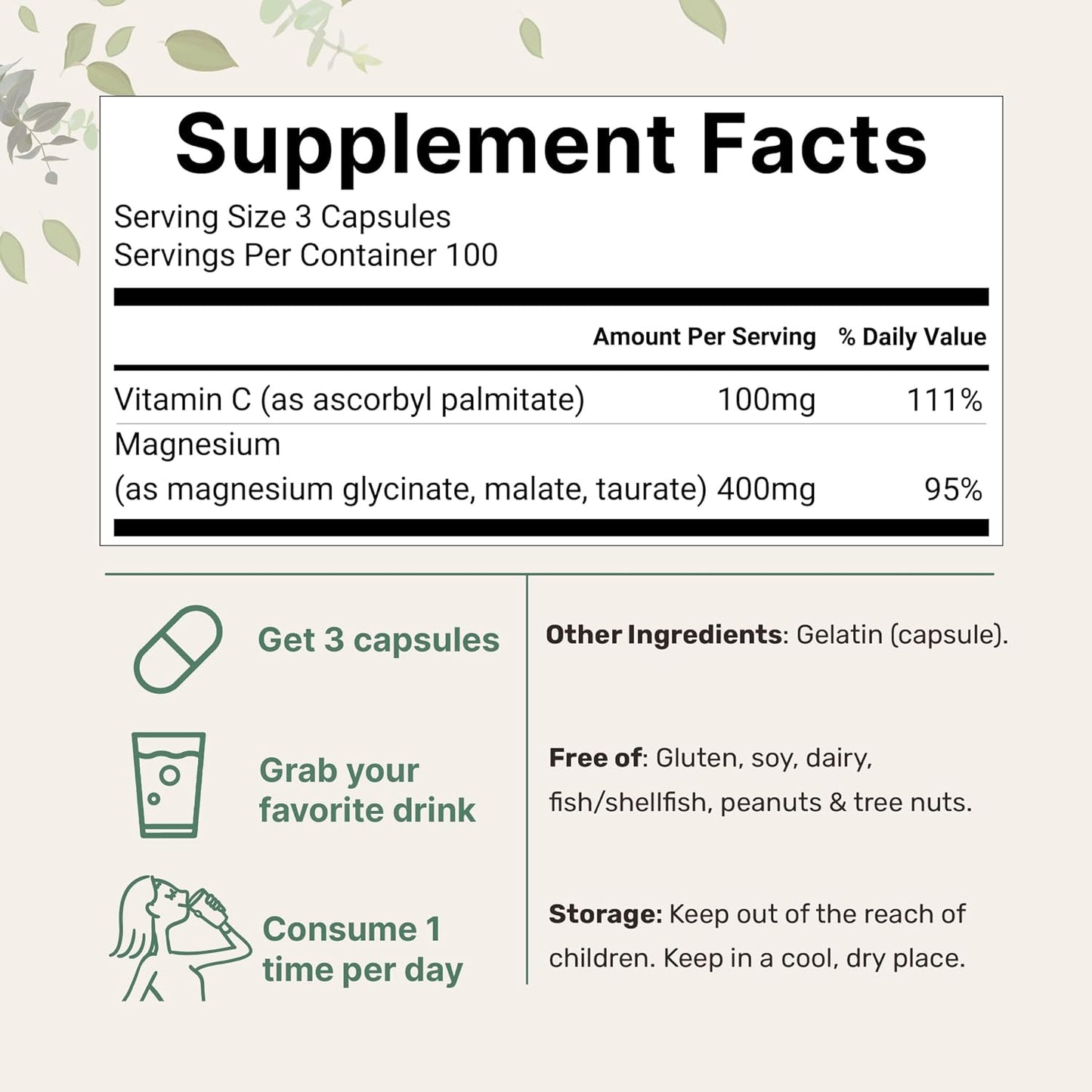 High Absorption Triple Magnesium Complex Capsules 400mg | 300 Count with Glycinate, Malate, Taurate & Vitamin C | Active Ingredients | Chelated & Filler Free Supplement