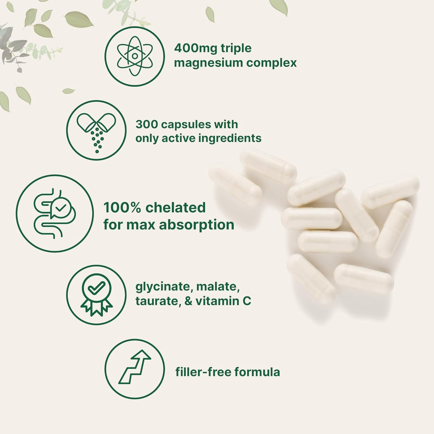 High Absorption Triple Magnesium Complex Capsules 400mg | 300 Count with Glycinate, Malate, Taurate & Vitamin C | Active Ingredients | Chelated & Filler Free Supplement