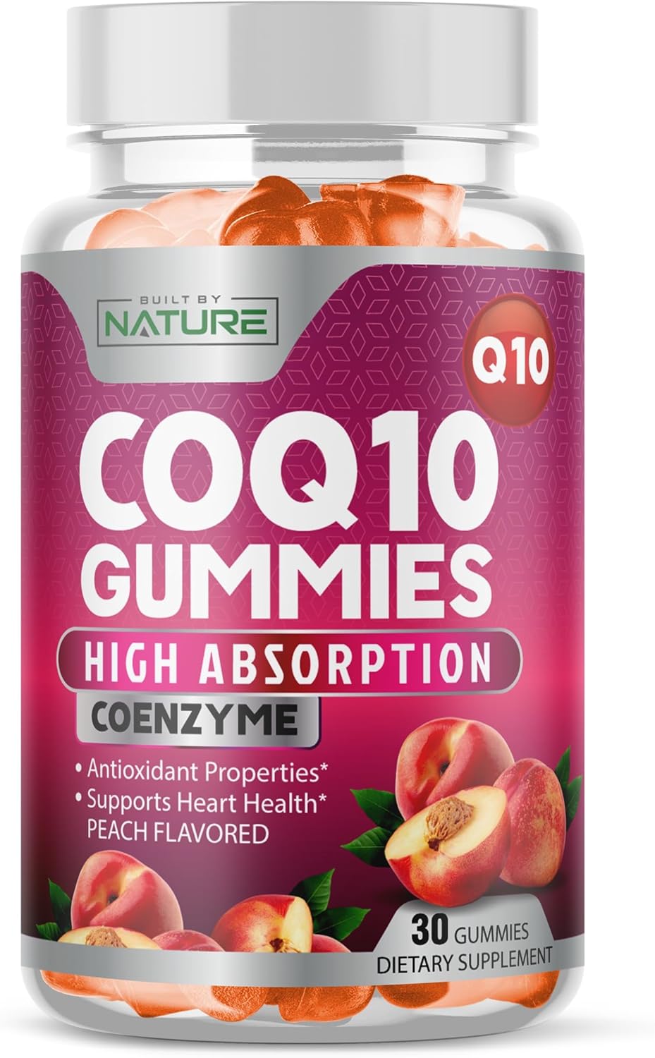 High Absorption Vegan CoQ10 Gummies - 100mg Heart Health & Energy Support - Tasty Peach Flavor - 30 Gummies