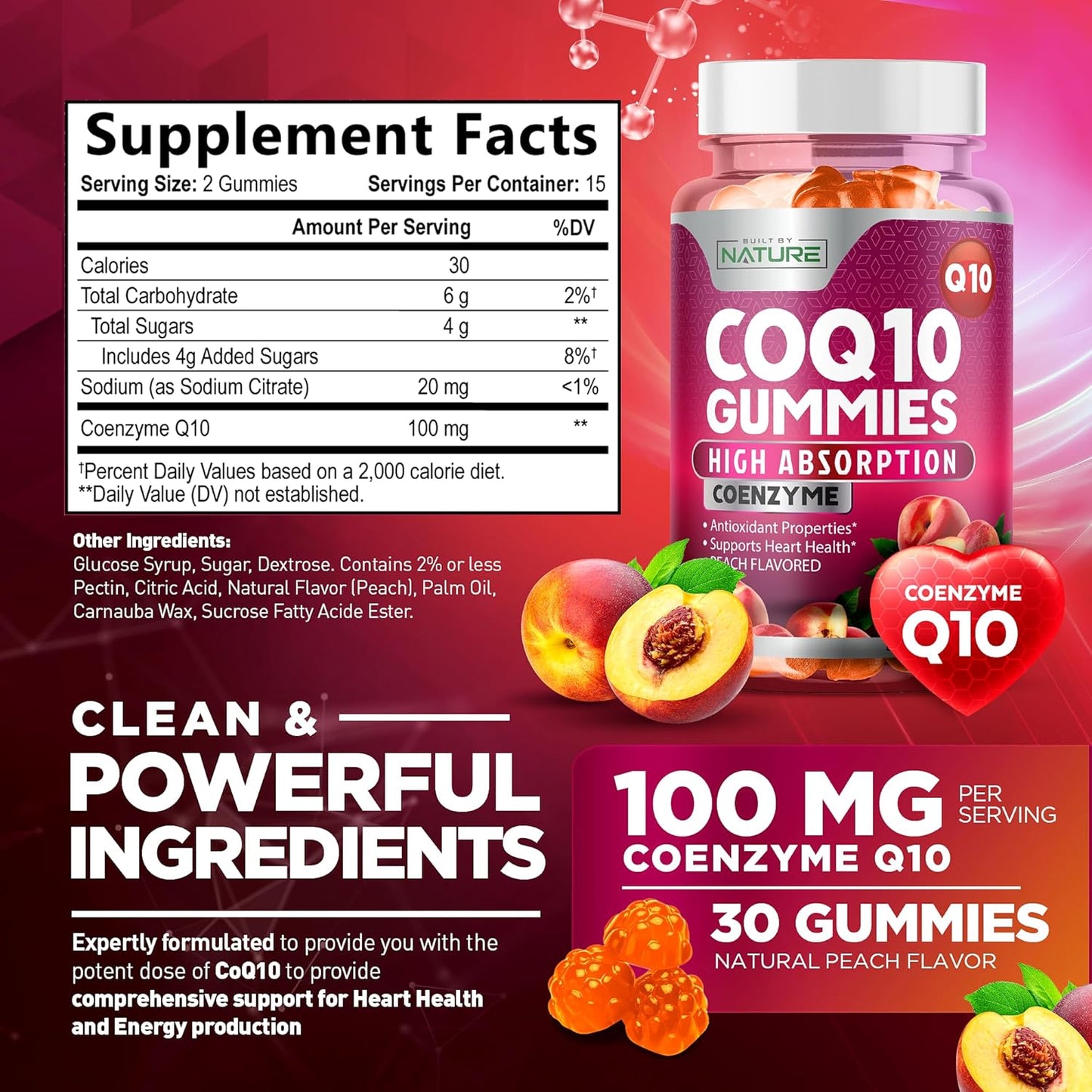 High Absorption Vegan CoQ10 Gummies - 100mg Heart Health & Energy Support - Tasty Peach Flavor - 30 Gummies