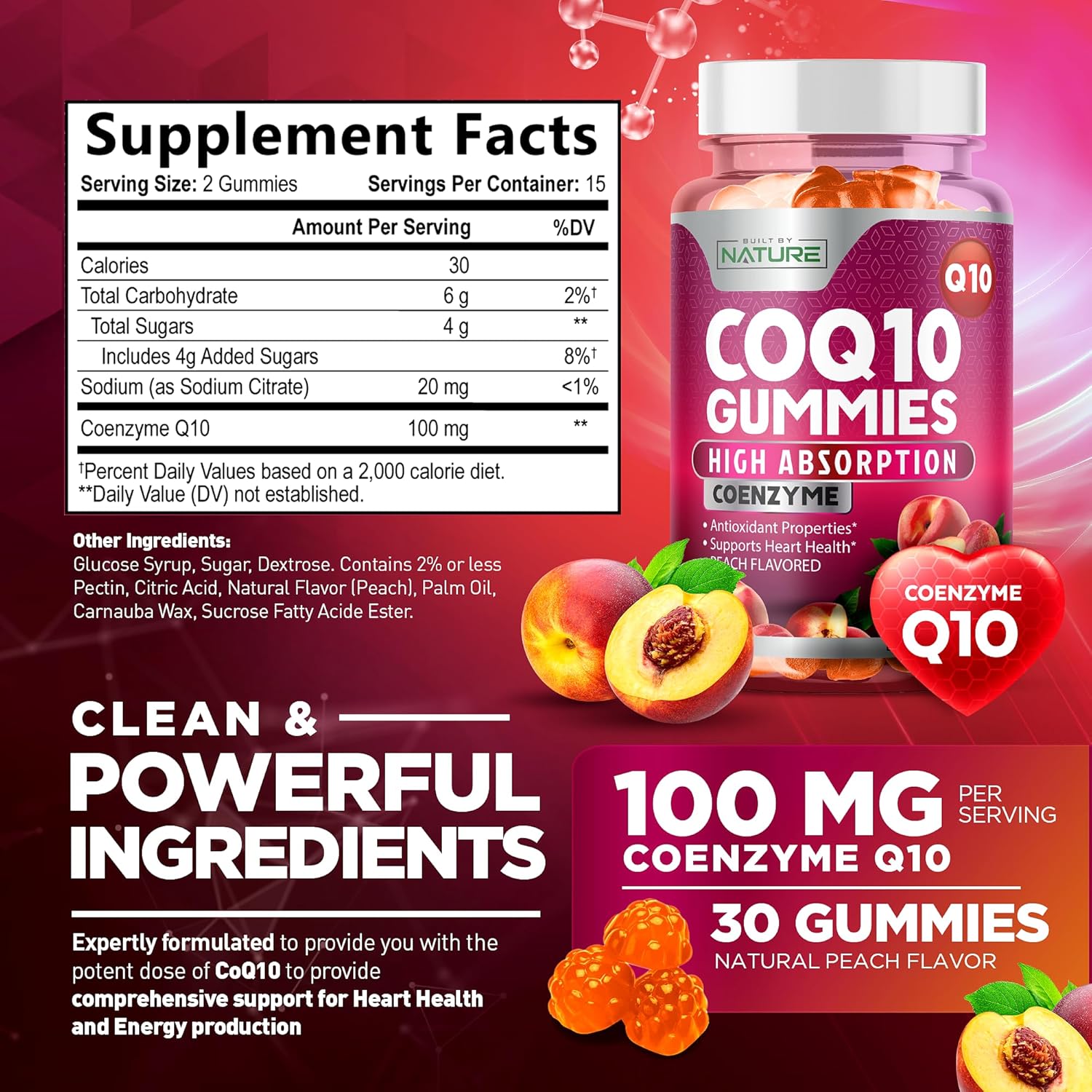 High Absorption Vegan CoQ10 Gummies - 100mg Heart Health & Energy Support - Tasty Peach Flavor - 30 Gummies