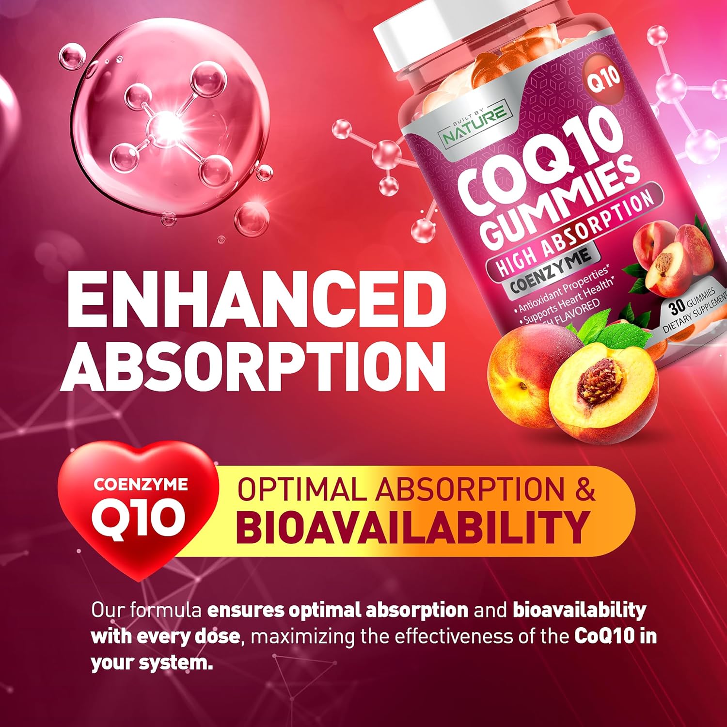 High Absorption Vegan CoQ10 Gummies - 100mg Heart Health & Energy Support - Tasty Peach Flavor - 30 Gummies