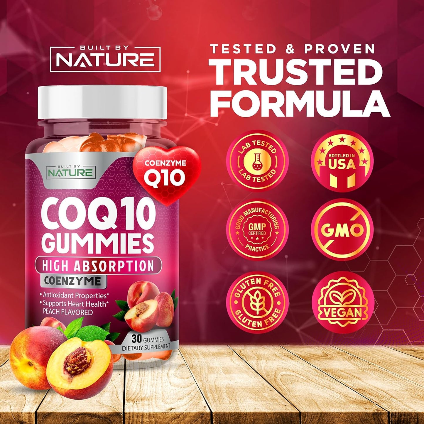 High Absorption Vegan CoQ10 Gummies - 100mg Heart Health & Energy Support - Tasty Peach Flavor - 30 Gummies