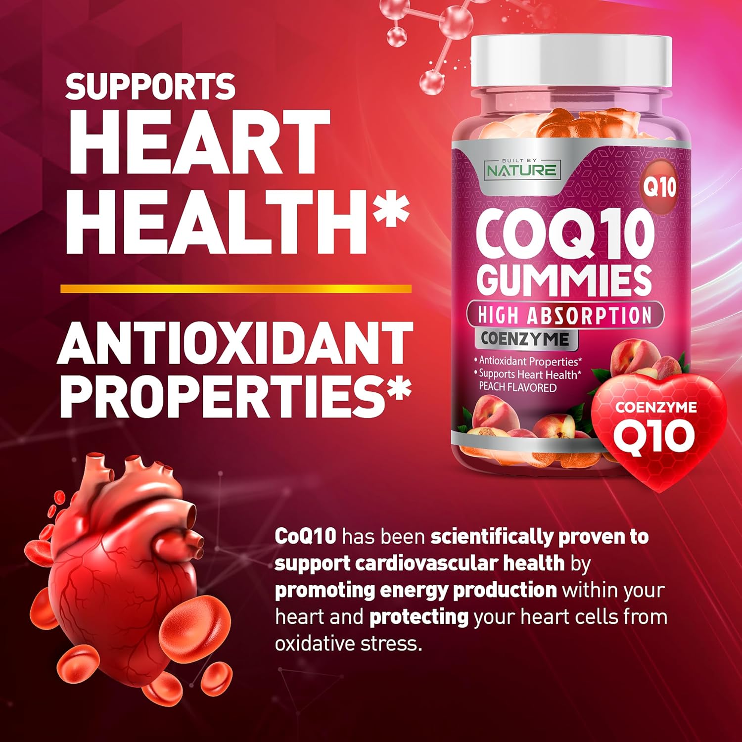 High Absorption Vegan CoQ10 Gummies - 100mg Heart Health & Energy Support - Tasty Peach Flavor - 30 Gummies