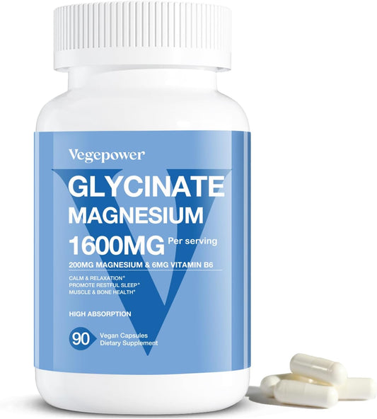 High Absorption VEGEPOWER Magnesium Glycinate Supplements with Vitamin B6, Zinc, and D3 - 1600mg Chelated Magnesium for Sleep, Muscle, Bone, Immune Health - Vegan, Non-GMO - 90 Capsules