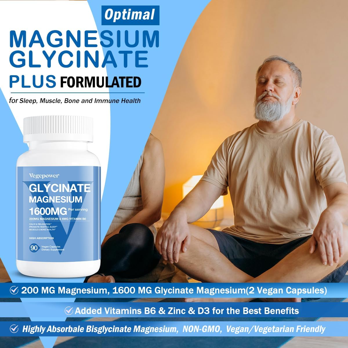 High Absorption VEGEPOWER Magnesium Glycinate Supplements with Vitamin B6, Zinc, and D3 - 1600mg Chelated Magnesium for Sleep, Muscle, Bone, Immune Health - Vegan, Non-GMO - 90 Capsules