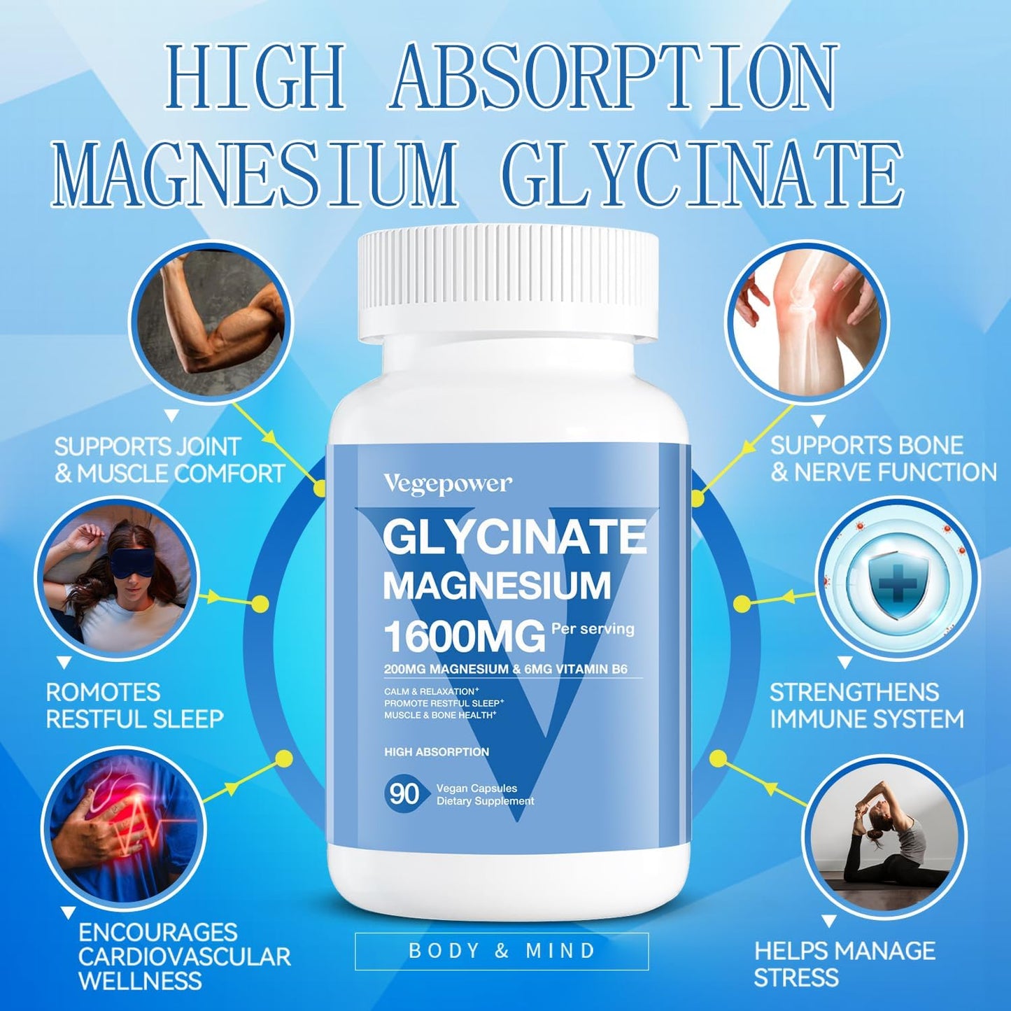 High Absorption VEGEPOWER Magnesium Glycinate Supplements with Vitamin B6, Zinc, and D3 - 1600mg Chelated Magnesium for Sleep, Muscle, Bone, Immune Health - Vegan, Non-GMO - 90 Capsules