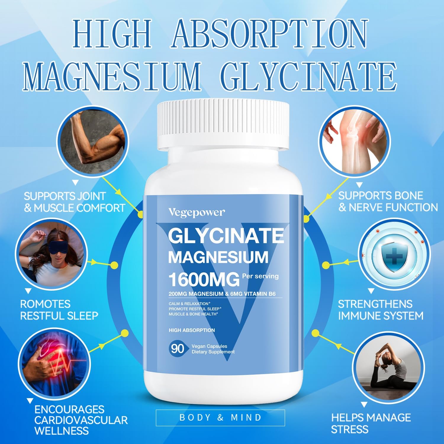 High Absorption VEGEPOWER Magnesium Glycinate Supplements with Vitamin B6, Zinc, and D3 - 1600mg Chelated Magnesium for Sleep, Muscle, Bone, Immune Health - Vegan, Non-GMO - 90 Capsules