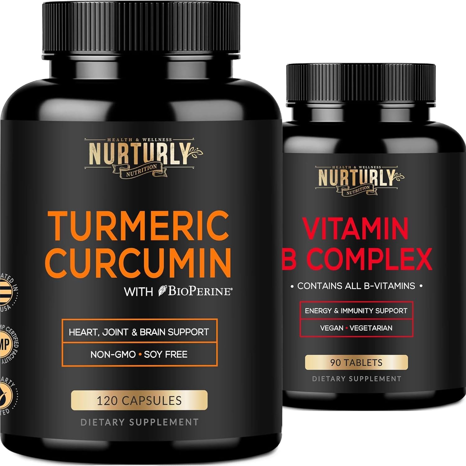 High Absorption Vitamin B Complex & Turmeric Curcumin Supplement for Joint & Heart Health - Includes B1, B2, B3, B5, B6, B7, B9, B12, & Biotin - 1300mg Turmeric Formula by NURTURLY