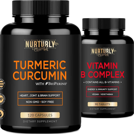 High Absorption Vitamin B Complex & Turmeric Curcumin Supplement for Joint & Heart Health - Includes B1, B2, B3, B5, B6, B7, B9, B12, & Biotin - 1300mg Turmeric Formula by NURTURLY