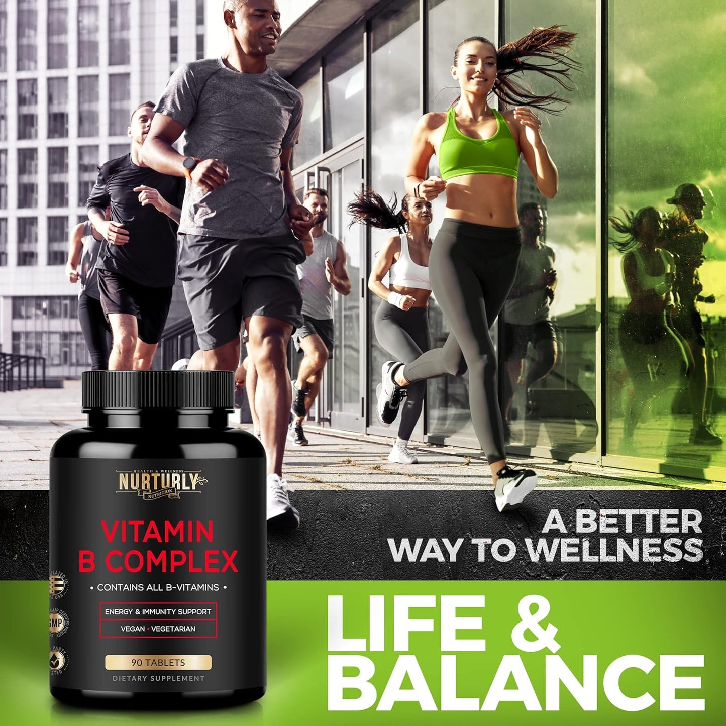 High Absorption Vitamin B Complex & Turmeric Curcumin Supplement for Joint & Heart Health - Includes B1, B2, B3, B5, B6, B7, B9, B12, & Biotin - 1300mg Turmeric Formula by NURTURLY