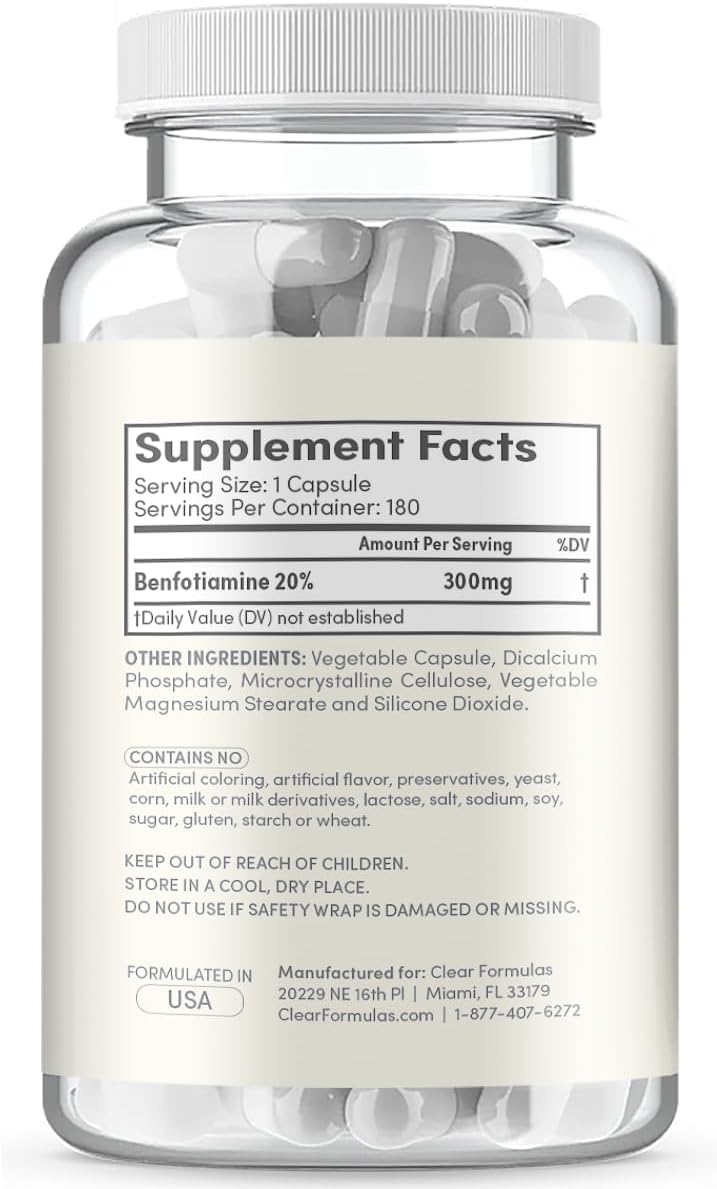 High Absorption Vitamin B1 Benfotiamine 300mg Supplement for Heart and Nerve Support - Vegan Non-GMO Gluten Free - Fat Soluble Thiamine B1 (180 Servings)
