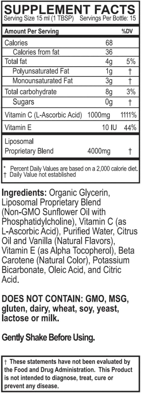 High Absorption Vitamin C Liquid Supplement - 1000mg per Serving - Non-GMO, Gluten Free, Vegan - 15 Day Supply